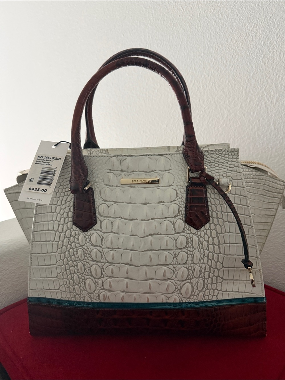 Brahmin Priscilla Satchel Pearl/ Off White & Brown Presley Croc Embossed Bag.